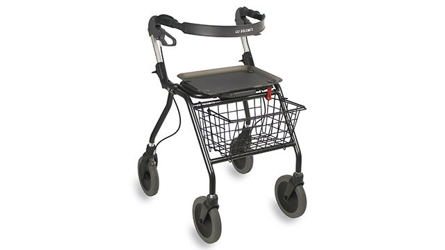 Schwarzer Rollator mit Einkaufskorb und Sitzfläche
